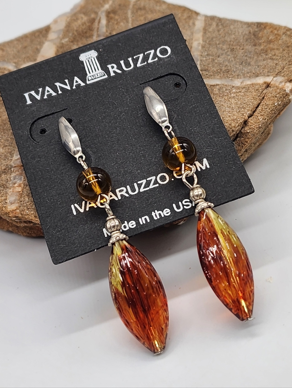 Hypoallergenic Stainless Hooks Long Earrings Amber Tone Resin Beads